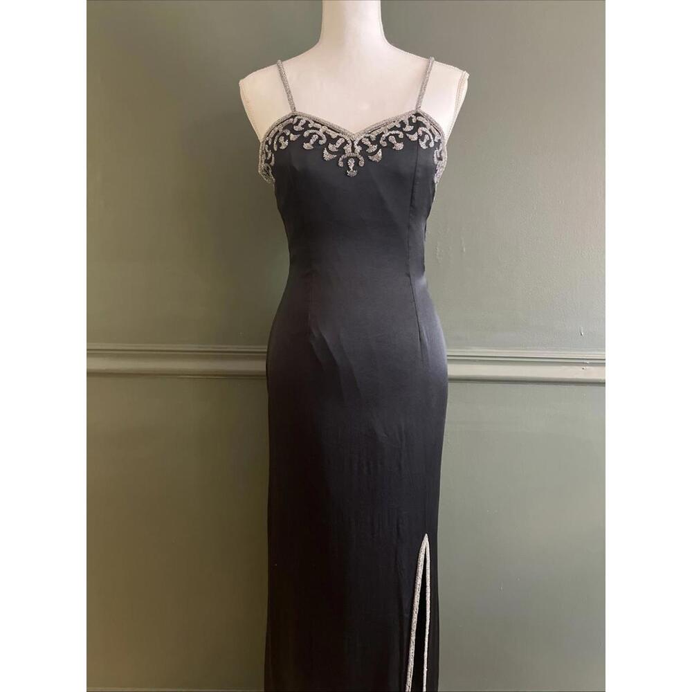 Riva XS Black Silk Beaded Gown Slit Spaghetti Strap 90s Y2K Luxury Formal Dress